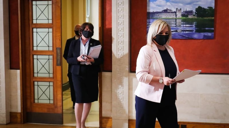 &nbsp;First Minister Arlene Foster (left) and Deputy First Minister Michelle O'Neill during the daily media broadcast at Parliament Buildings, Stormont, in Belfast.