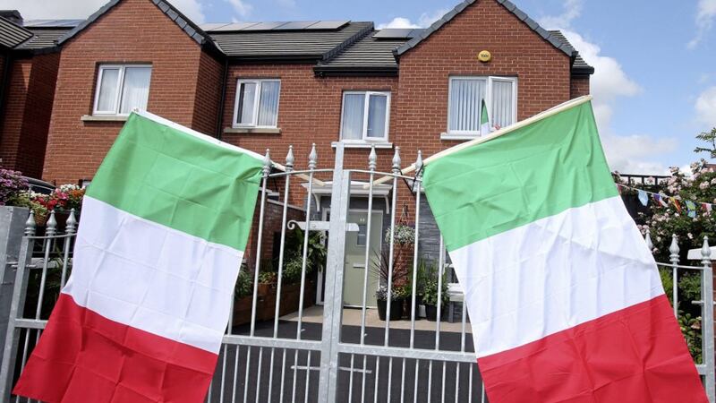 Italian flags in St Bernadette&#39;s Avenue in west Belfast ahead of the Euro 2020 Italy v England final tomorrow niht. Picture by Mal McCann 