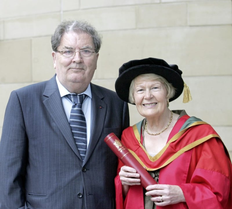 Pat Hume with husband John after she was awarded an honorary degree by the University of Ulster in 2010. Picture Margaret McLaughlin 