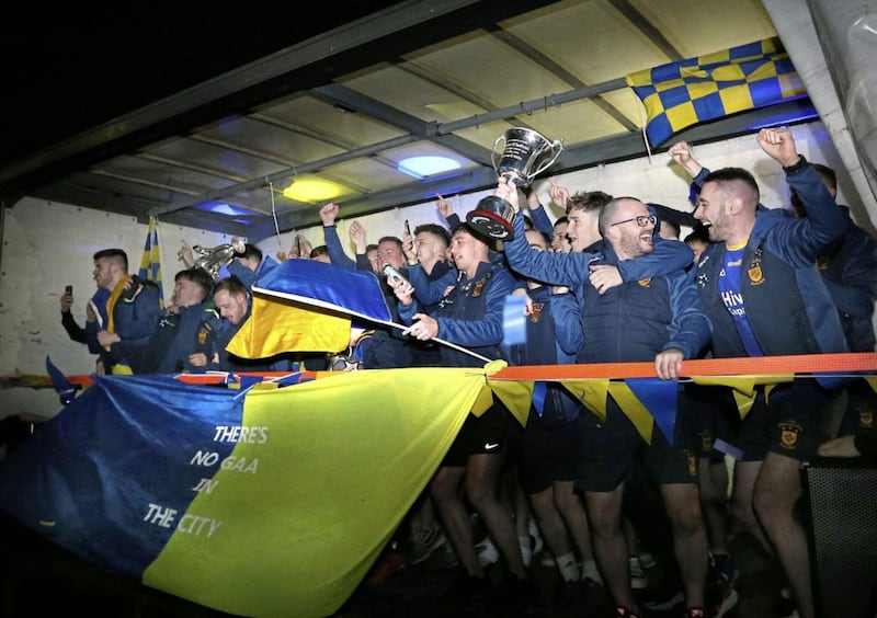 Huge crowds turned up to welcome the All Ireland Intermediate Club Football champions Steelstown Brian Og&#39;s home to their club in Derry city on Monday night after beating Trim in the final at Croke Park on Sunday. Picture Margaret McLaughlin 7-2-2022. 