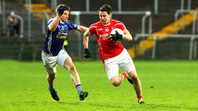 <address>Scotstown&rsquo;s two-goal hero Darren Hughes (left) challenges Trillick&rsquo;s Mattie Donnelly during yesterday&rsquo;s Ulster Club SFC semi-final at Brewster Park &nbsp; &nbsp; &nbsp;