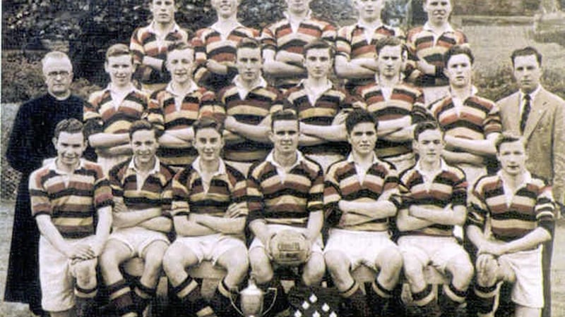 The Abbey CBS team which made history by winning the MacRory Cup in 1954. Gerry Butterfield is pictured holding the ball in the front row 