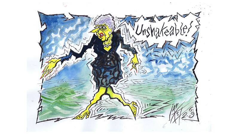 Ian Knox cartoon 6/2/19: Theresa May arrives in Belfast saying that her commitment to not implementing a hard border is &quot;unshakeable&quot; - even as her government edges ever closer to crashing out of the EU without a deal&nbsp;