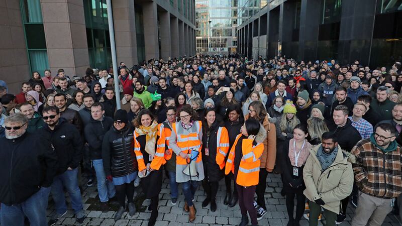 Google employees at its European headquarters in Dublin, Ireland, join others from around the world walking out of their offices in protest over claims of sexual harassment, gender inequality and systemic racism at the tech giant&nbsp;