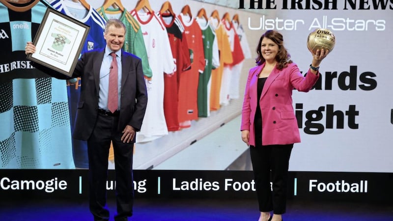 Irish News editor Noel Doran and Lynette Fay unveil The Irish News Allstars in football, ladies&#39; football, camogie and hurling at the virtual awards night. To watch, go to irishnews.com/allstars 