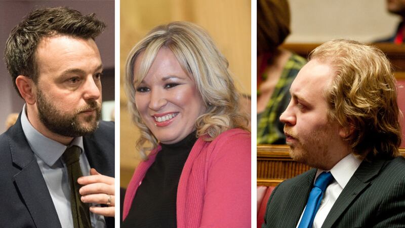 Green Party leader Steven Agnew (right) has ruled out any election pact but SDLP leader Colum Eastwood and Sinn F&eacute;in's leader in the north Michelle O'Neill could yet agree a strategy&nbsp;
