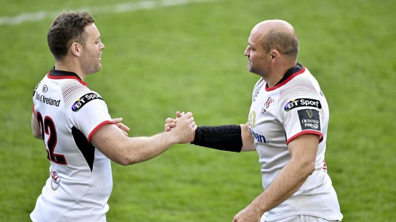 Ulster stars Darren Cave (left) and Rory Best congratulate each other having played their final home game after the Guinness PRO14 quarter-final match between Ulster and Connacht at Kingspan Stadium in Belfast on Saturday May 4 2019. Picture by Brendan Moran/Sportsfile. 