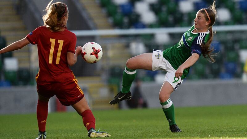 Northern Ireland's Emily Wilson and Spain's Carmen Menayo Montero during Tuesday night's UEFA Women's Under-19 Championship game in Belfast&nbsp;