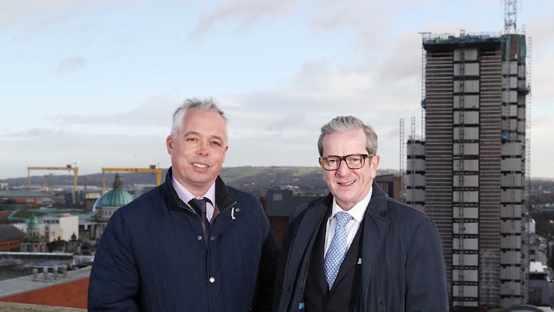 Mark McGurnaghan, Group Human Resources Manager for Hastings Hotels and James McGinn, General Manager of the Europa Hotel are pictured in front of the Grand Central Hotel at the announcement that Hastings Hotels has begun its recruitment drive ahead of the June opening&nbsp;