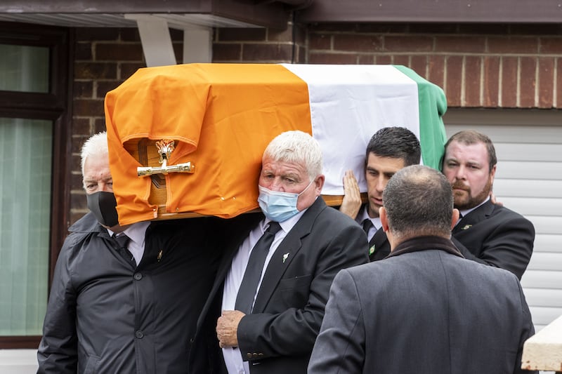 &nbsp;Members of the Storey family carry the coffin of senior Irish Republican and former leading IRA figure Bobby Storey ahead of his funeral in west Belfast.