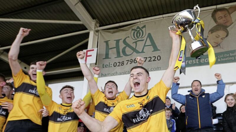 St Enda&#39;s hurlers celebrate after winning the 2019 Ulster Club Intermediate title. Picture by Margaret McLaughlin 