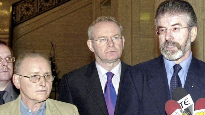 MI5 agent Denis Donaldson pictured with Martin McGuinness and Gerry Adams in 2005. 