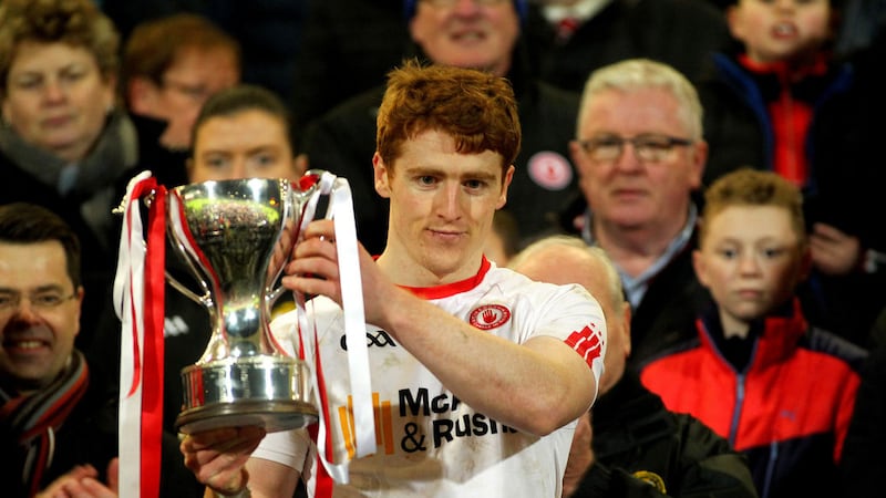 Peter Harte lifts the McKenna Cup for Tyrone following Saturday's victory over Derry at P&aacute;irc Esler<br />Picture by S&eacute;amus Loughran &nbsp;