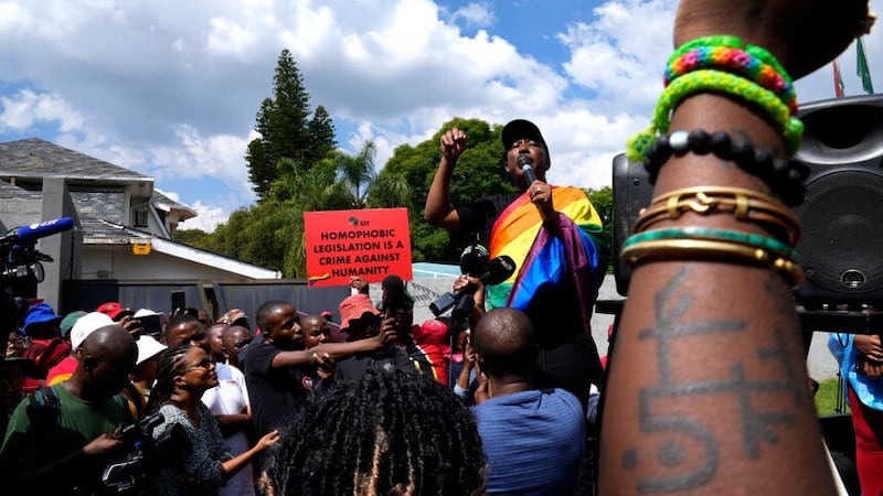 The Economic Freedom Fighters leader Julius Malema speaks during their picket against Uganda’s anti-homosexuality Bill (AP)