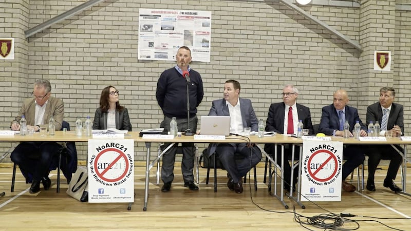 Sharing a platform at the public meeting were (left to right): Gerry Kelly, Sinn F&eacute;in MLA; Nichola Mallon, SDLP MLA; Colin Buick, chairman, No Arc 21; Charlie Thompson, No Arc 21; Steve Aiken, UUP MLA; John Blair, Alliance councillor; and Paul Girvan, DUP South Antrim MP. Picture by Declan Roughan 