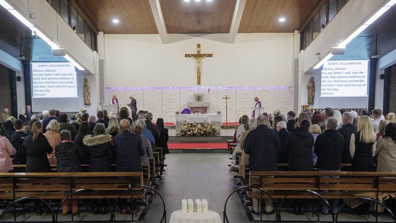 People at a service to mark the 30th anniversary of the Greysteel shooting, at the Star of the Sea Church in Greysteel, Co Londonderry. Eight people were killed and nineteen wounded by loyalists during a Halloween party at the Rising Sun Bar on October 30, 1993. Picture date: Monday October 30, 2023.