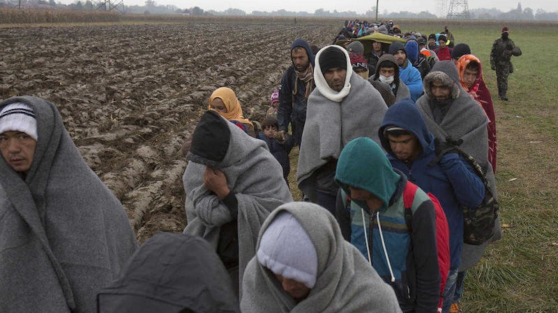JOURNEY: Migrants make their way through a field after crossing from Croatia, in Rigonce, Slovenia. Thousands of people are trying to reach central and northern Europe via the Balkans, but often have to wait for days in mud and rain at the Serbian, Croatian and Slovenian borders. Picture by Darko Bandic/AP