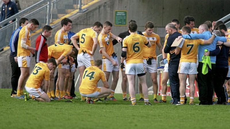 Antrim players after a Division Four round seven defeat by Offaly in Tullamore in 2015 earned the hosts promotion at the expense of the visitors. Pic Seamus Loughran 