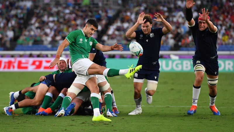 <b>BIG KICKER:</b> Ireland&rsquo;s Conor Murray clears under pressure from Scotland&rsquo;s Duncan Taylor and Grant Gilchrist during the 2019 Rugby World Cup Pool A match at the International Stadium Yokohama, Yokohama City