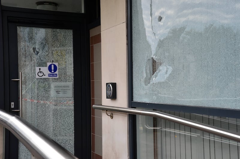 Damage to windows and doors and graffiti painted on the walls of Newtownards Court on Wednesday.