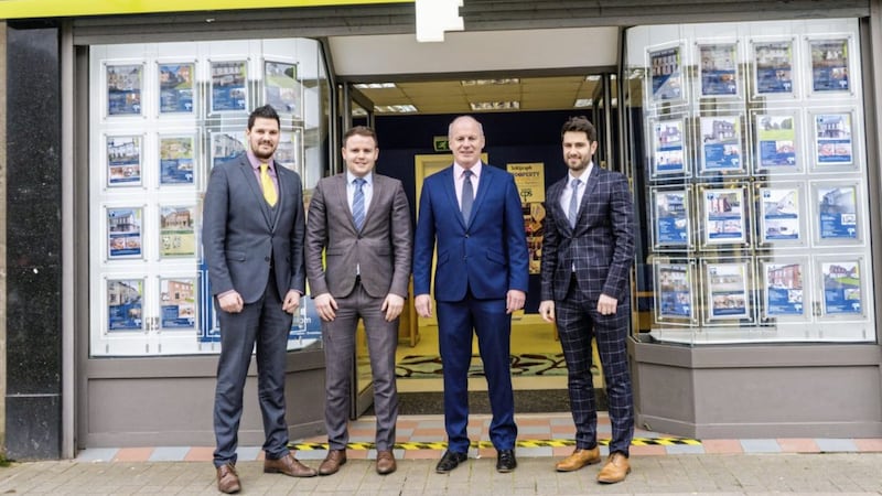 Pictured outside the new office are Matthew Gilpin (Portadown branch manager), Adrian Mallon, Art O&rsquo;Hagan (CPS managing director) and Ryan Molloy