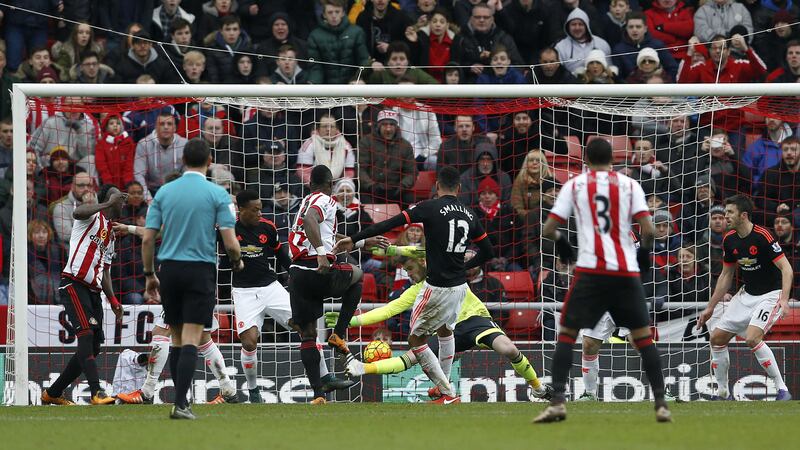 &nbsp;Sunderland's Lamine Kone (left centre) heads the ball in-off&nbsp;Manchester&nbsp;United goalkeeper David De Gea to score their second goal in their 2-1 victory at the Stadium of Light