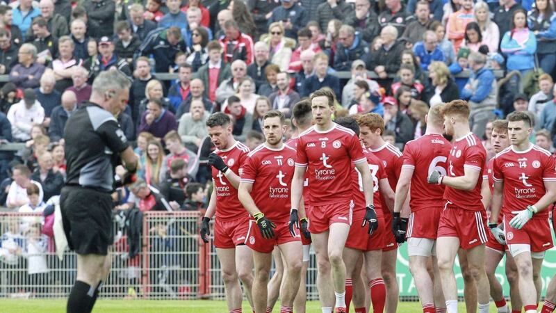 Tyrone prepare to take the field during the Ulster Senior Football Championship quarter final at Healy Park, Omagh. Picture by Margaret McLaughlin 
