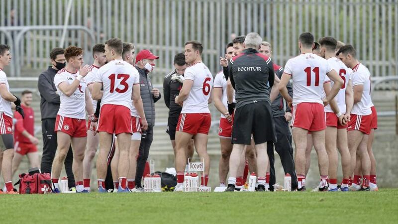 Tyrone manager Mickey Harte (red cap) and his team before taking on Donegal at Ballybofey on Sunday October 18 2020. Picture by Margaret McLaughlin. 