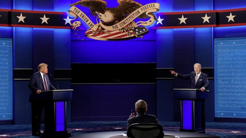 US President Donald Trump, left, and former vice president Joe Biden during this week&#39;s first presidential campaign debate. Picture by Patrick Semansky/AP 