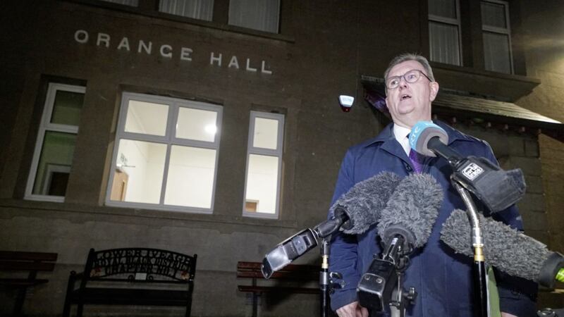 DUP leader Sir Jeffrey Donaldson at an anti-protocol rally at Dromore Orange Hall last week. Picture by Brian Lawless/PA Wire 