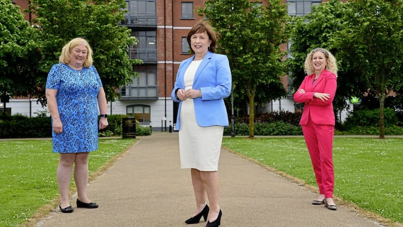 Lorna McAdoo, director of operations, Version 1 NI; Economy Minister Diane Dodds; and Louise Warde Hunter, principal and chief executive of Belfast Met, pictured outside Version 1&#39;s office in The Gasworks, Belfast. 