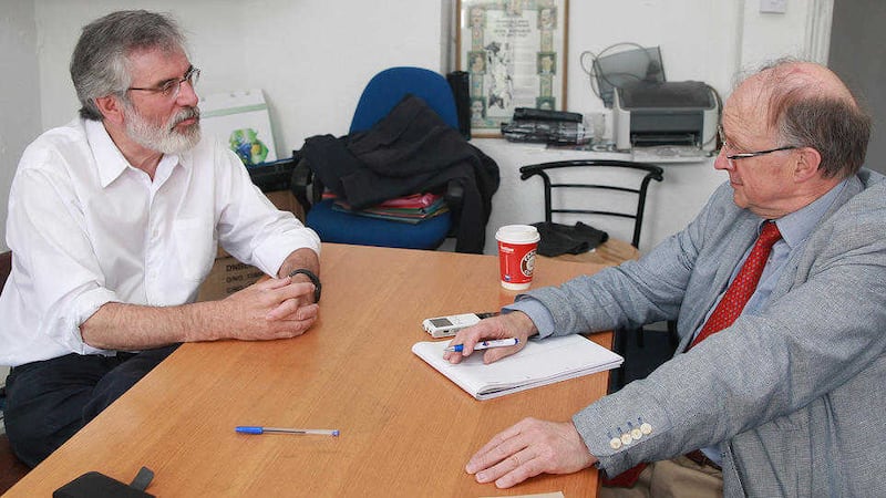Sinn F&eacute;in leader Gerry Adams is interviewed by Deagl&aacute;n de Br&eacute;ad&uacute;n at his Dundalk office. Picture by Bill Smyth 