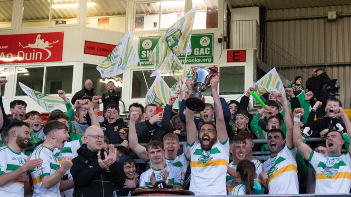 Liatroim captain Gerard McNulty lifts the trophy after their win over Rostrevor in the Down IFC final at Páirc Esler on Saturday      Picture: Laura McCaul
