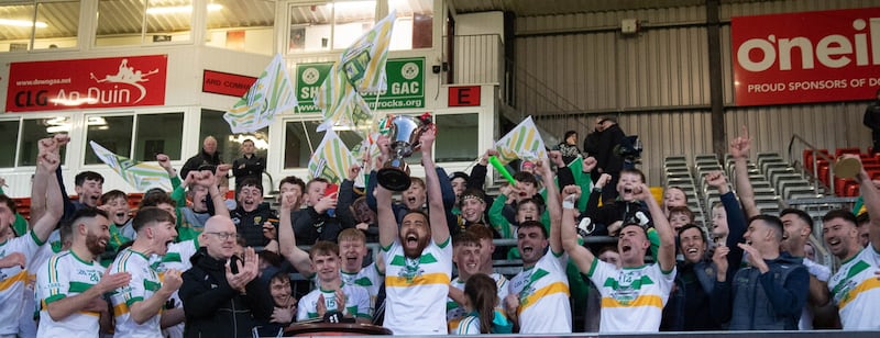 Liatroim captain Gerard McNulty lifts the trophy after their win over Rostrevor in the Down IFC final at Páirc Esler on Saturday      Picture: Laura McCaul