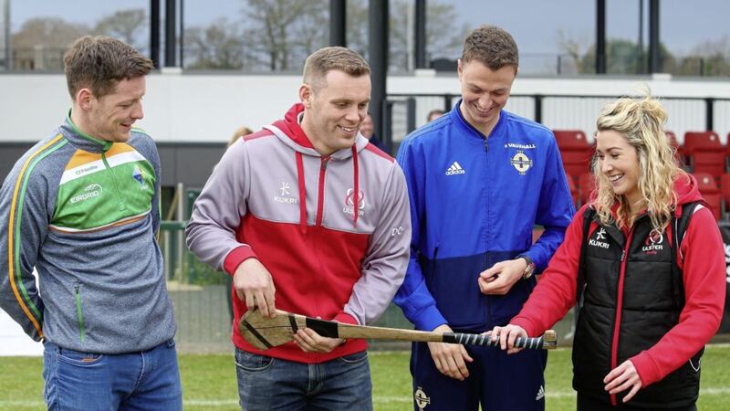 Monaghan&#39;s Conor McManus, Ulster Rugby&#39;s Darren Cave, Northern Ireland international Jonny Evans and Women&#39;s Rugby ace Eliza Downey at the &#39;Sport Uniting Communities&#39; launch at The Dub yesterday. The European Union has pledged &pound;1.8m for Ulster Rugby, Ulster GAA and the Irish FA to help break down religious barriers Picture Mal McCann. 