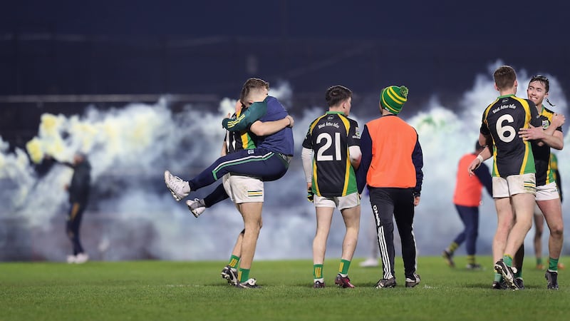 Ballyhaise players and fans celebrate after their Ulster Club IFC semi-final win over Glenullin at O'Neills Healy Park on Saturday        Picture: Margaret McLaughlin