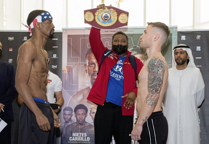 Carl Frampton and reigning and defending WBO champion Jamel Herring weigh-in ahead of tonight&#39;s fight in Dubai. Picture: Leslie Pableo 