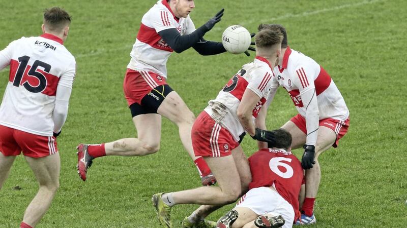 Derry dominated Cork at Owenbeg, one of four wins this season to put the Oak Leafers top of Division Two.<br /> Picture Margaret McLaughlin