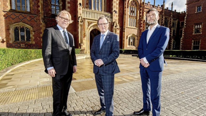 CV6 Therapeutics founder and chief executive Dr Robert Ladner (left) with Ian Greer, QUB president and vice chancellor; and Brian McCaul, chief executive at QUBIS. Picture: Andrew Towe 
