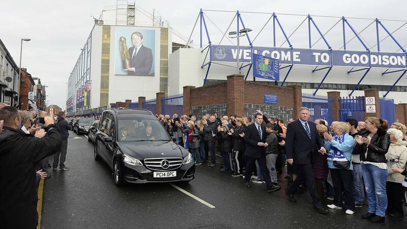 The funeral cortege of Howard Kendall passes Goodison Park, where Kendall was a player and manager