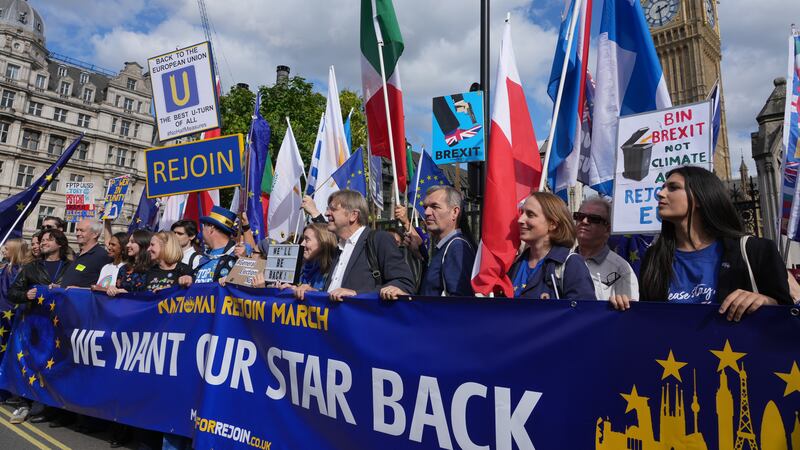 Supporters held placards that called for a new referendum on re-joining the EU (Jeff Moore/PA)