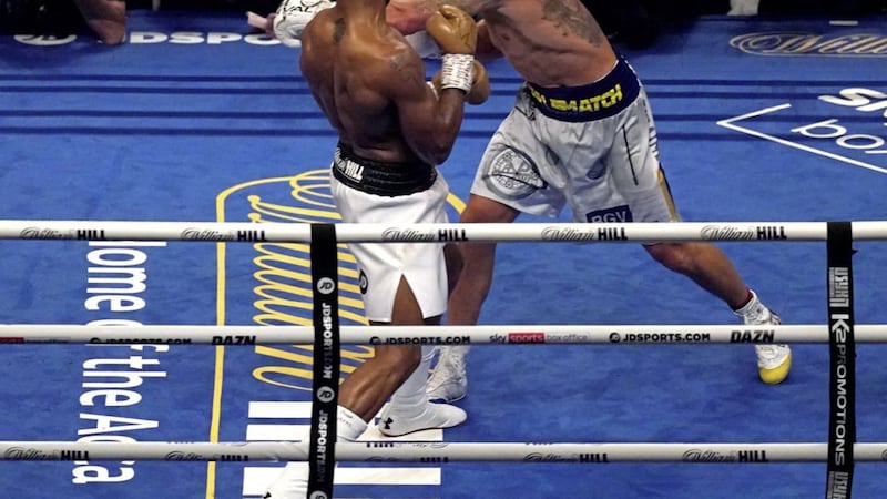 Anthony Joshua in action against Oleksandr Usyk in the WBA, WBO, IBF and IBO World heavyweight title match at the Tottenham Hotspur Stadium on Saturday night 