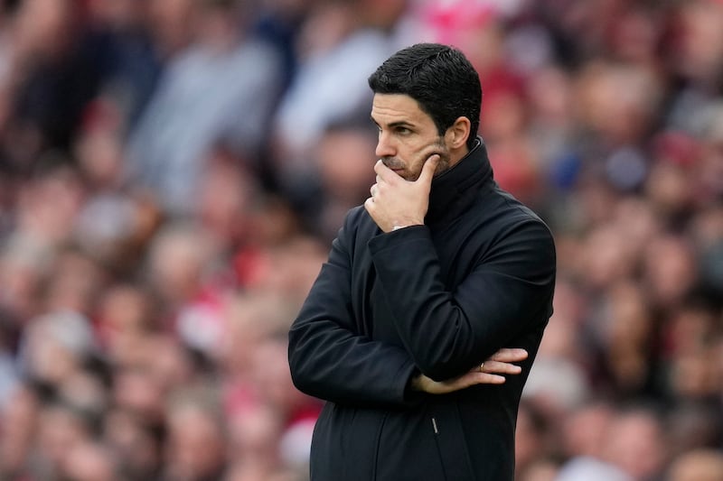 Mikel Arteta reacts during the English Premier League soccer match between Arsenal and Aston Villa. (Kirsty Wigglesworth/AP)