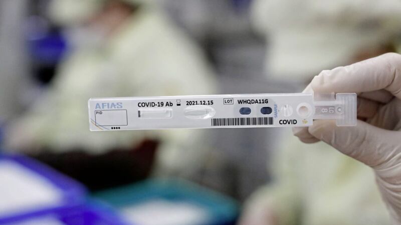 An antibody test cartridge used in diagnosing the coronavirus on a production line of the Boditech Med Inc. in Chuncheon, South Korea. Picture by Lee Jin-man/AP 