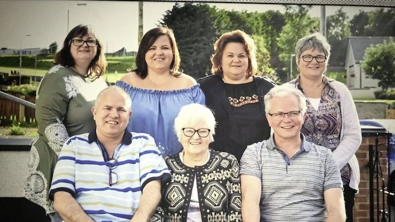 Frances Connolly (back row, far left) pictured with her sisters Sharon, Claire and Ann and (front row, from left), brothers Paul and Roddy, and their mother Kathleen (front row, middle), who died in October 2017 