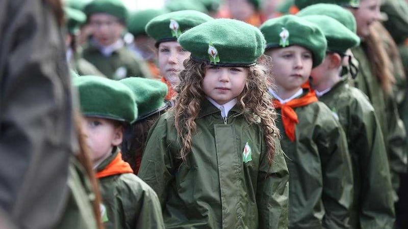 Children dressed in traditional 1916 attire form part of the centenary parade in Belfast &nbsp;