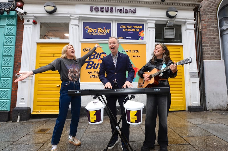 Today FM presenters Matt Cooper and Louise Cantillon with busker Saibh Skelly.
Photo: Justin Farrelly.