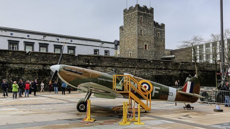 A replica World War Two spitfire aircraft on display in Derry&#39;s Guildhall Square to mark the end of the Battle of the Atlantic. 