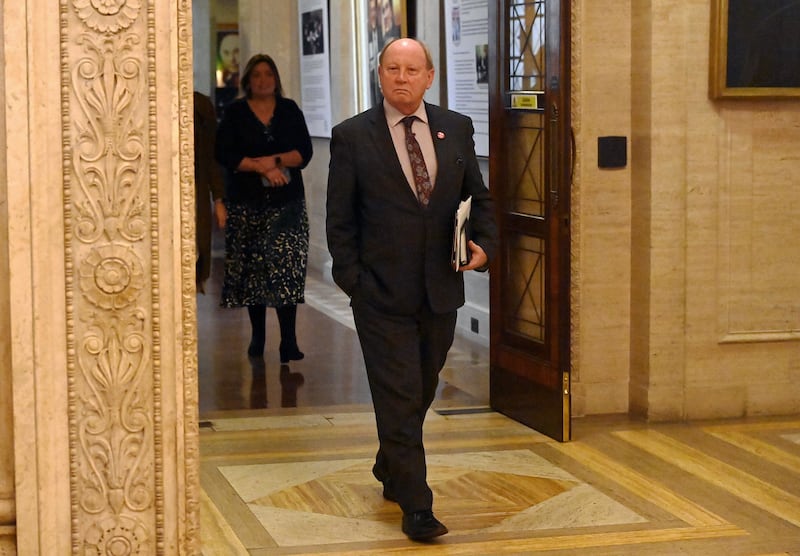 TUV Leader Jim Allister leaving the chamber at the Northern Ireland Assembly