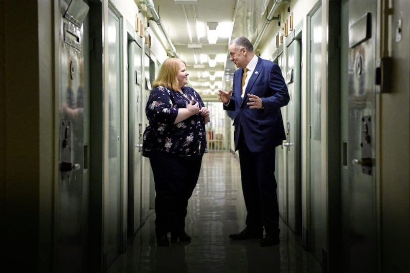 Justice Minister Naomi Long pictured during a visit to Maghaberry Prison with governor David Kennedy 
